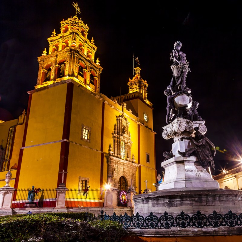 Our Lady of Guanajuato Paz Peace Statue at night, Guanajuato, Mexico.