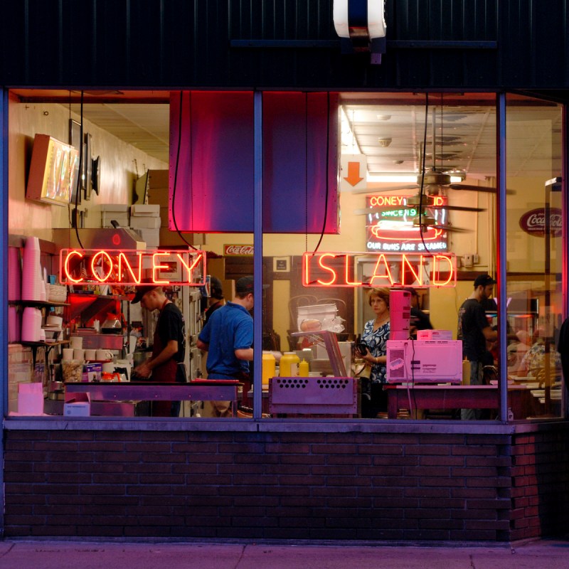 The Iconic Fort Wayne's Famous Coney Island Wiener Stand At Night.