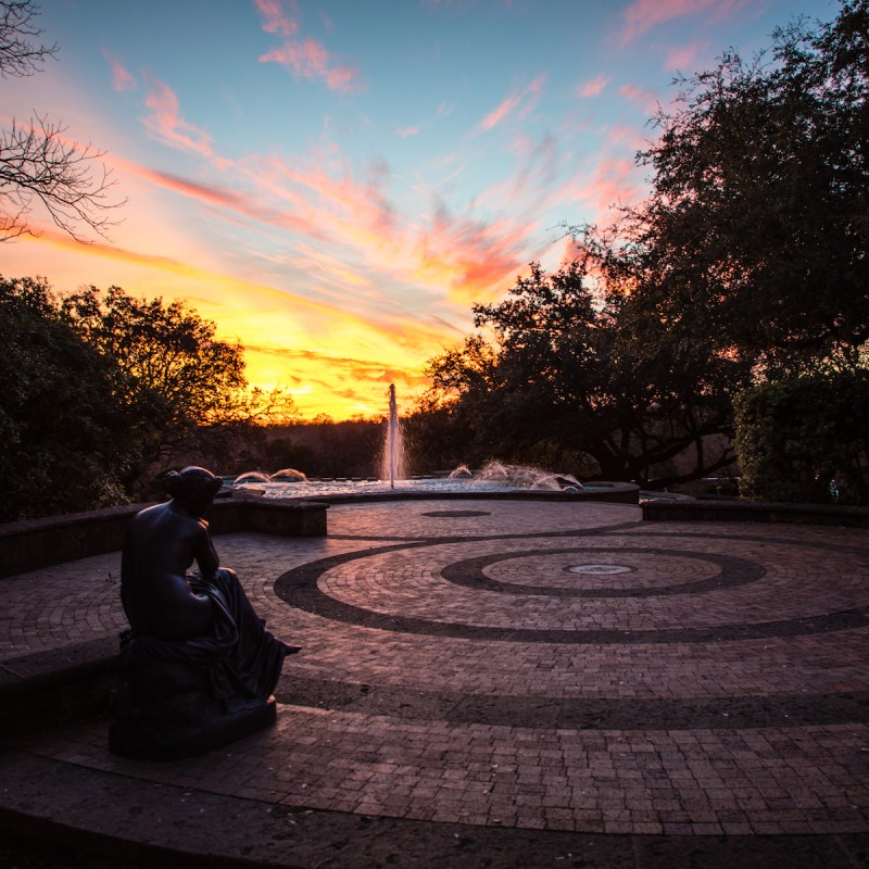 Fountain at sunset at the McNay Art Museum in San Antonio, Texas.