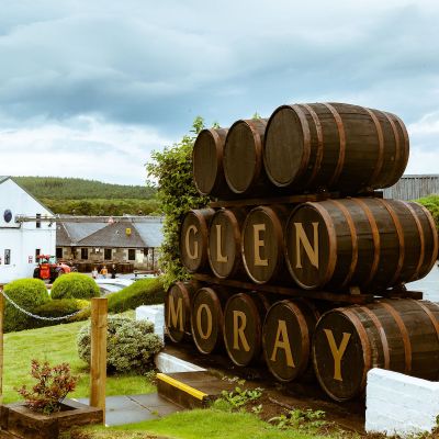 exterior barrels signage at Glen Moray Distillery.