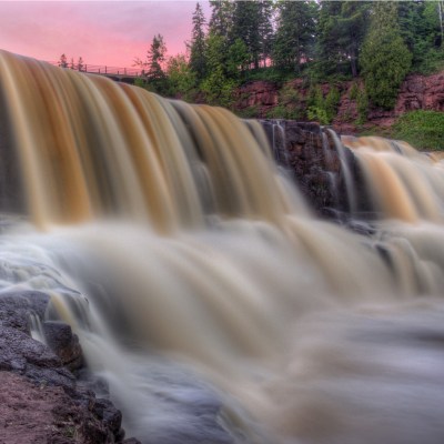 Gooseberry Falls State Park on Minnesota's North Shore of Lake Superior during sunset.