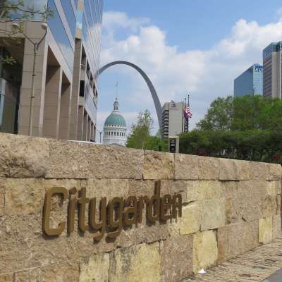 Citygarden with view of St. Louis Arch