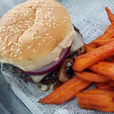 Burger and sweet potato fries at Lakeside Landing