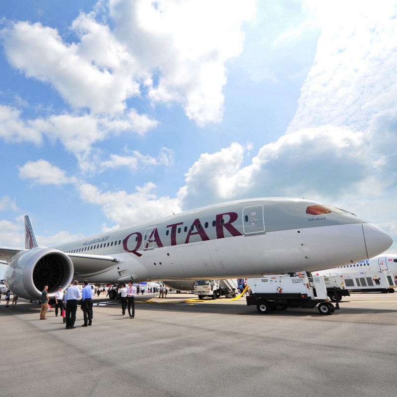 Qatar Airways' Boeing 787-8 Dreamliner on static display at Singapore Airshow.