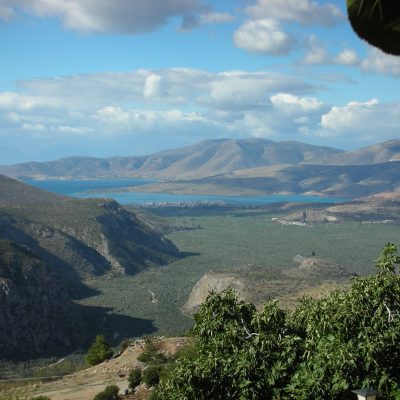 Views of seaside town of Galaxidi from Delphi in Greece during spring