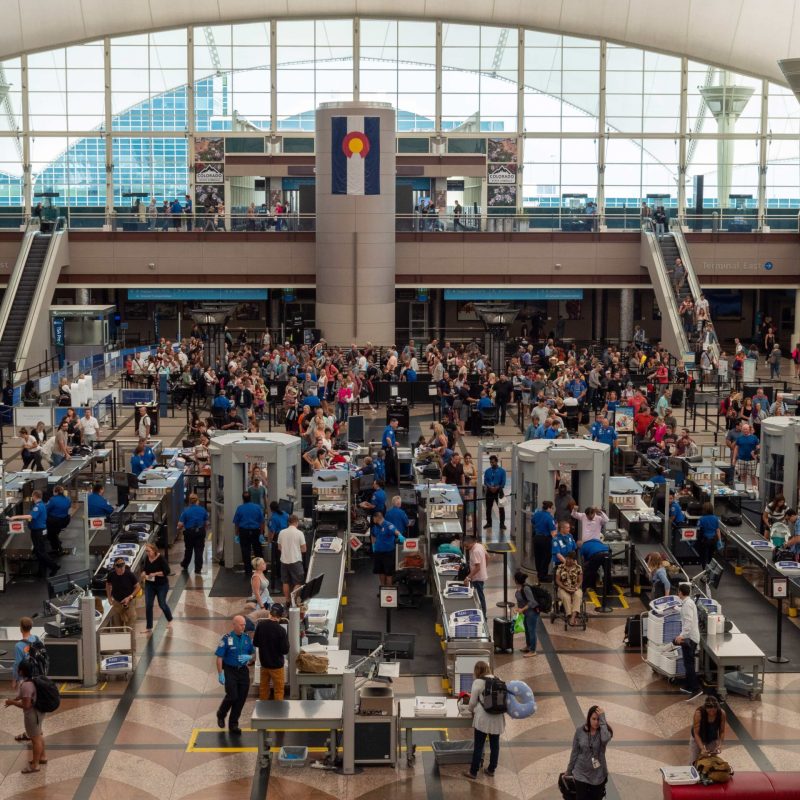 crowds at security in Denver International Airport