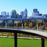 Skyline and pedestrian walkway in Louisville, Kentucky.