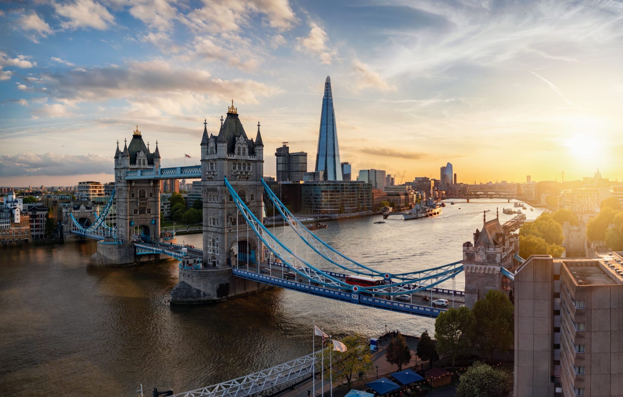 panoramic view to the iconic Tower Bridge and skyline of London, UK