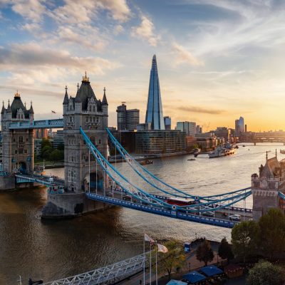 panoramic view to the iconic Tower Bridge and skyline of London, UK