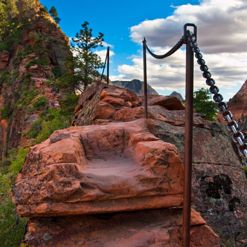 Angels Landing Trail with chained handrail in Zion National Park, Utah.