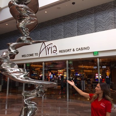 The group meets in front of ARIA Resort & Casino Hotel