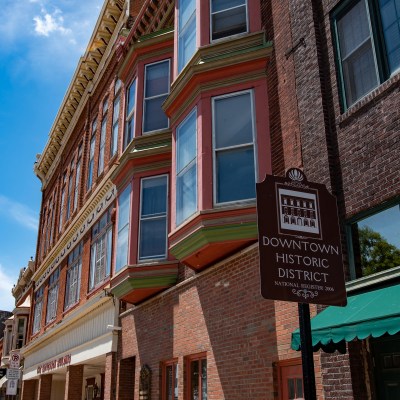 Muscatine's historic buildings in the downtown historic district, on the banks of the Mississippi River.