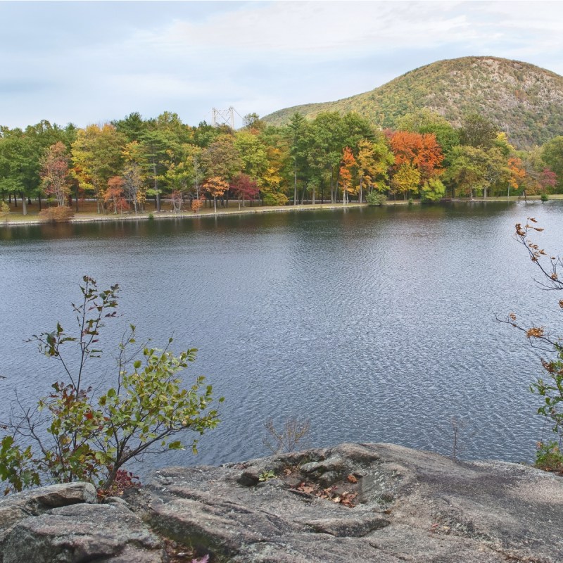 A panoramic view of Hessian Lake in Bear Mountain State Park in New York.