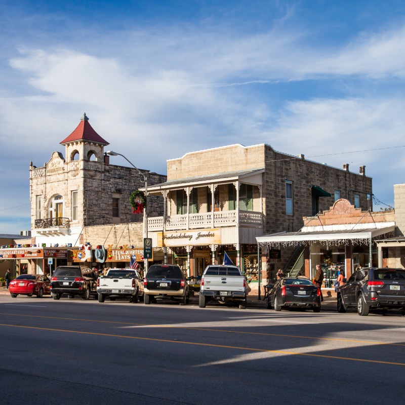 The Main Street in Frederiksburg, Texas, also known as "The Magic Mile", with retail stores and poeple walking