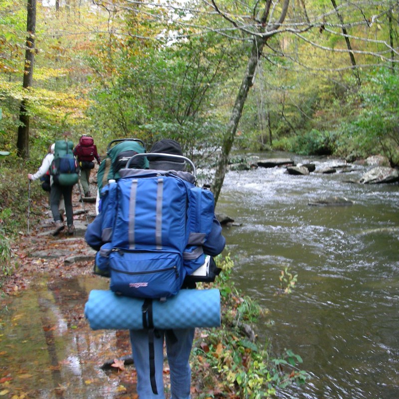 "The serenity of hiking alongside a babbling stream."