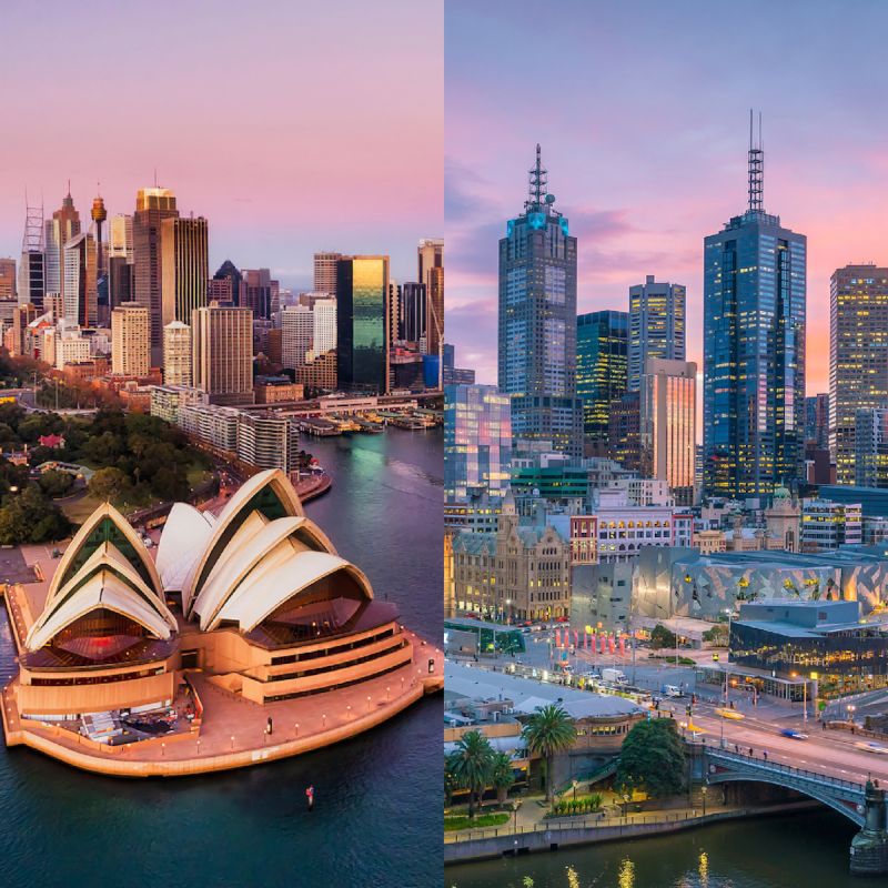 cities of Sydney and Melbourne, Australia.