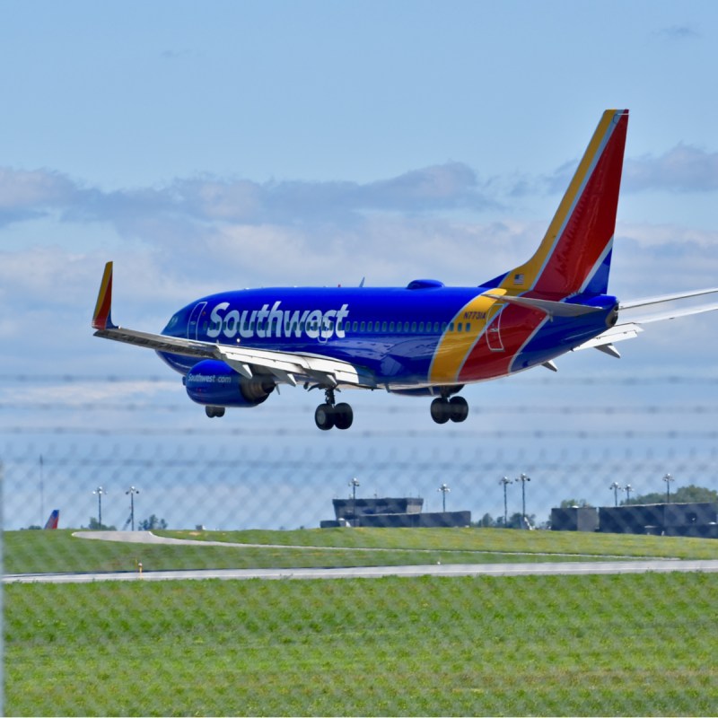 A Southwest Airlines commercial plane preparing to land at the Baltimore Washington International airport.