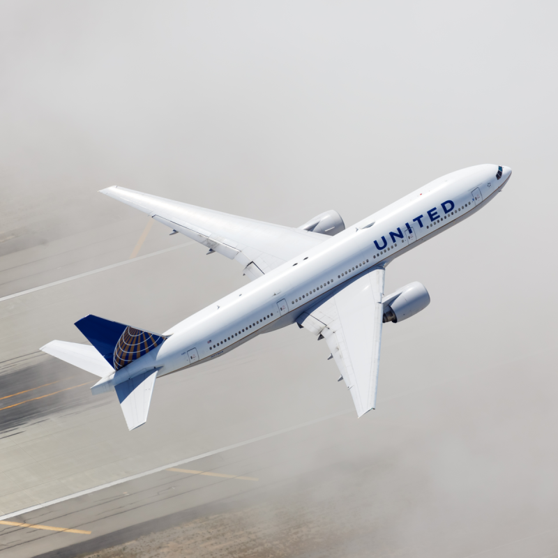 Aerial view of United Airlines Boeing 777.