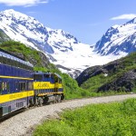 Alaska Railroad train passes Bartlett Glacier