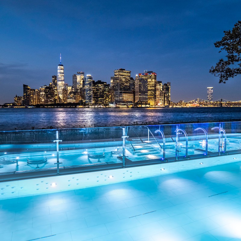 One of QC NY's pools at night