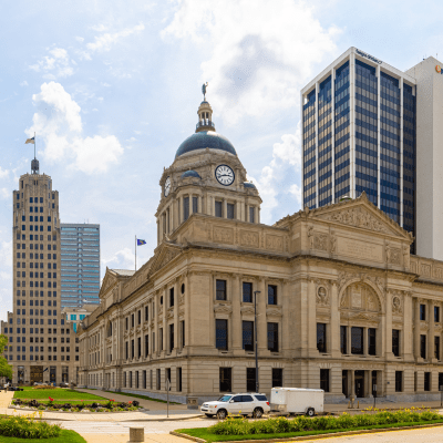 The Allen County Courthouse, a National Historic Landmark, is known for its murals, sculptures, scagliola faux marbling, unique tile floor designs, and abundant stained glass