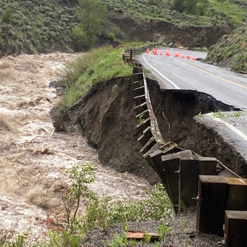 Damage and flood conditions along North Entrance Road, Yellowstone National Park.