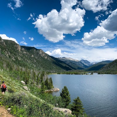 Unidentified female hikers on the trail alongside Lake Granby in Granby, Colorado.