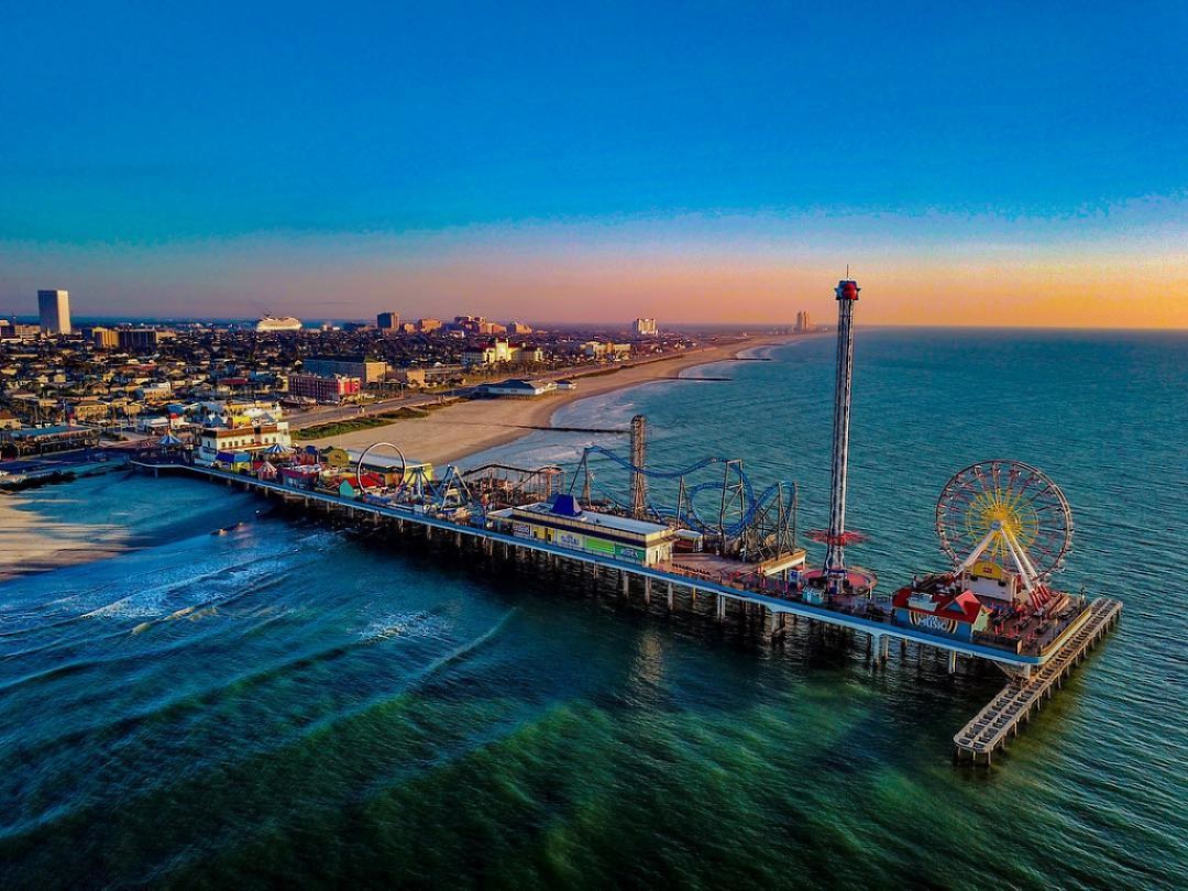 Aerial view of Galveston Island, Texas overlooking the beach and Pleasure Pier