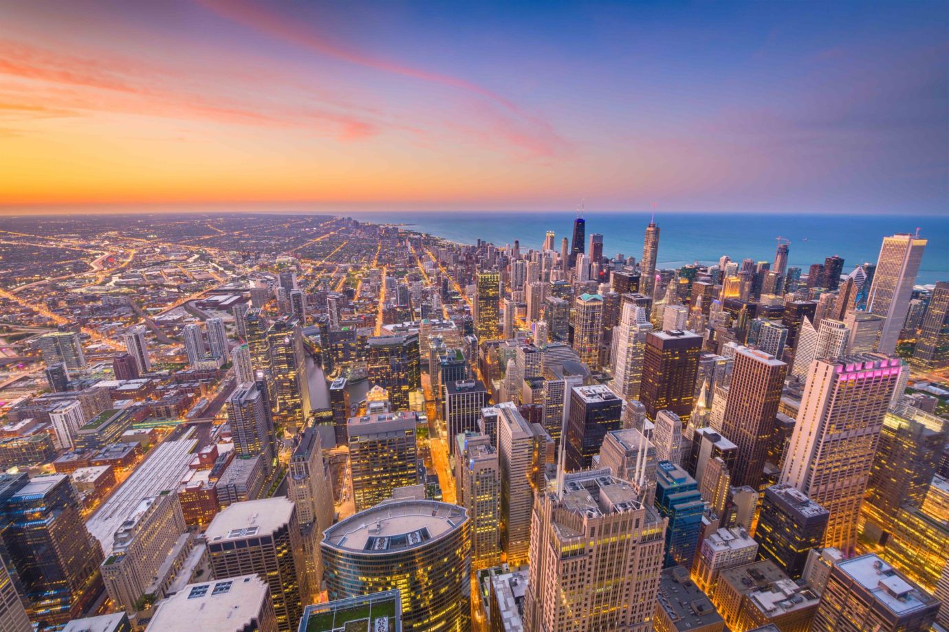 Aerial view of downtown Chicago at dusk