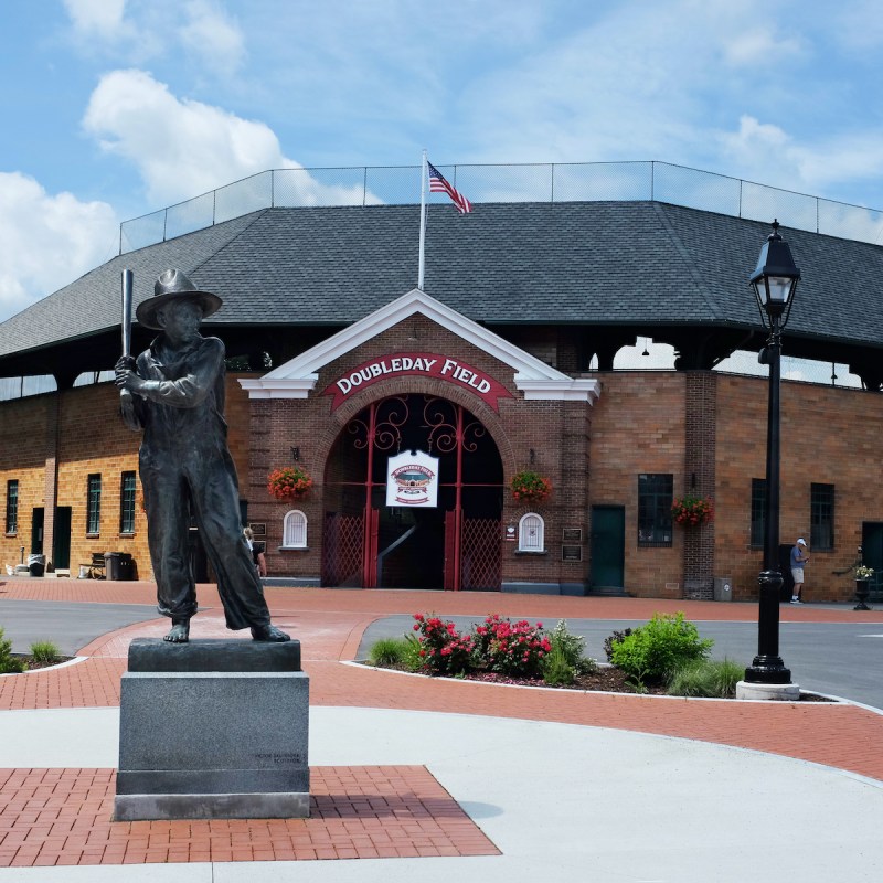 The Sandlot Kid statue at the entrance to Doubleday Field