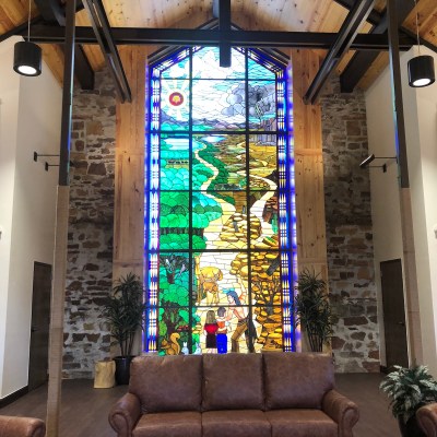 Stained glass window in the visitor center at Woolaroc