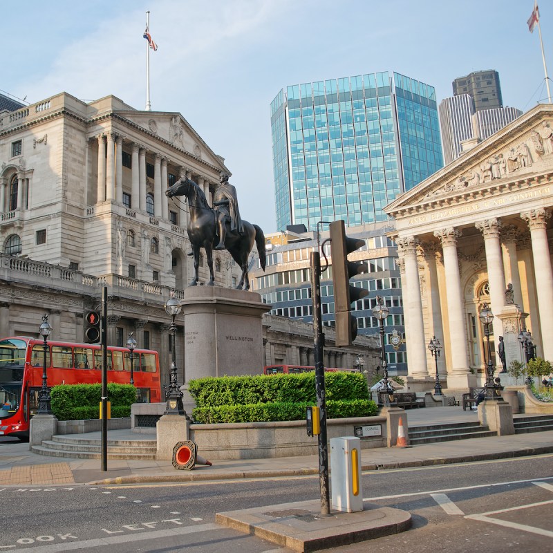 Royal Exchange and Bank of England in the City of London in England