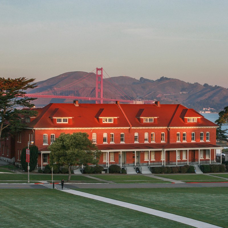 The Lodge at the Presidio with the Golden Gate Bridge in the background