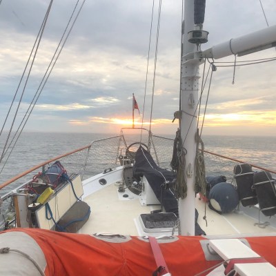 The scenic sun off the bow of the Ursa Major, the Tunnicliffe's boat.