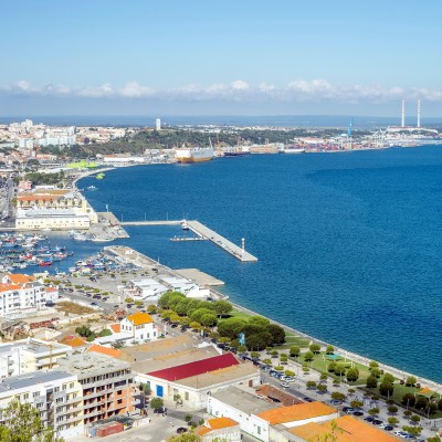 Panoramic view of marina and city center in Setubal, Portugal