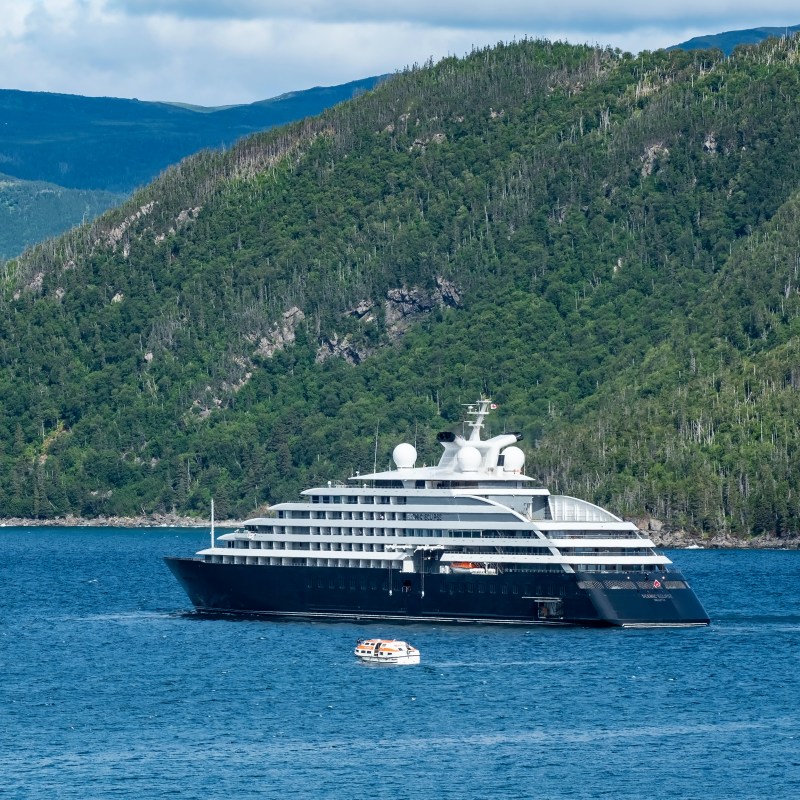 Scenic Eclipse moored at Bonne Bay in Gros Morne National Park of Canada.