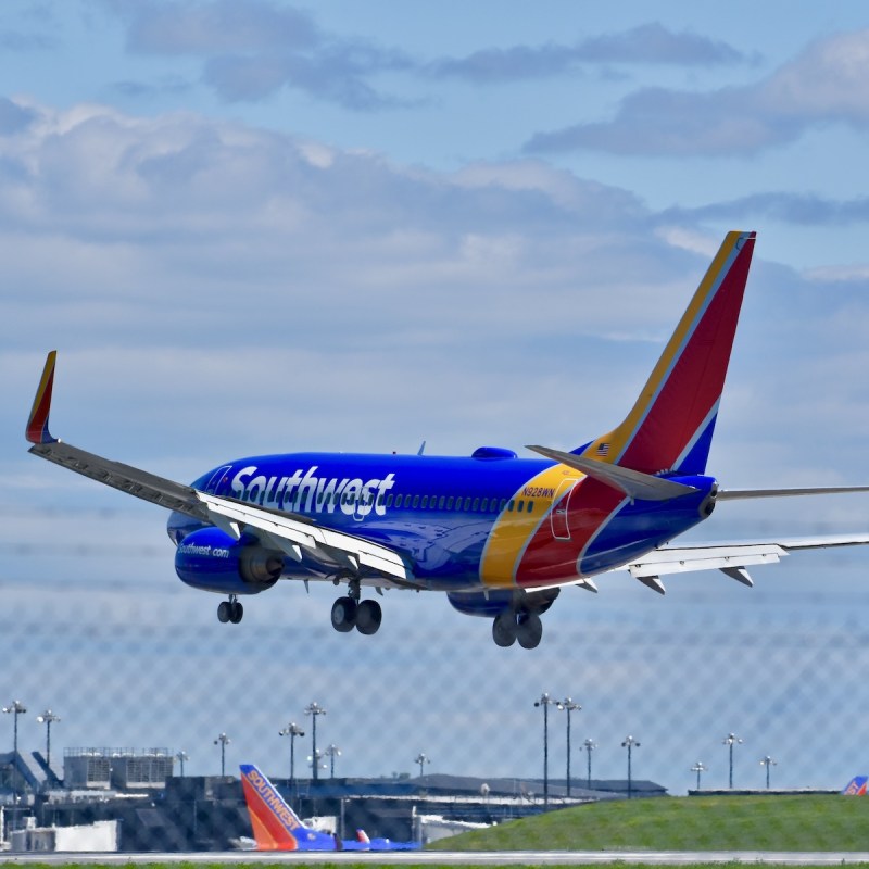 A Southwest Airlines commercial plane preparing to land at the Baltimore Washington International airport.