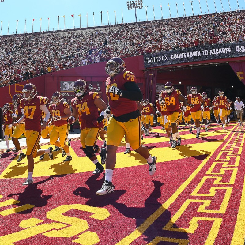 The USC Trojans take the field at Los Angeles Memorial Coliseum in October 2017.