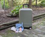 ROAM Carry-On Luggage sitting with kids toys in front of garden