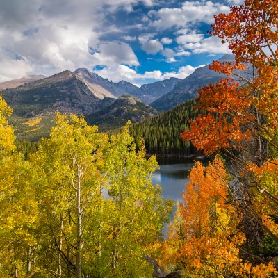 Fall colors and Longs Peak above Bear Lake in Rocky Mountain National Park