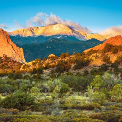 Sunrise looking out over the Garden of The Gods and Pike's Peak in Colorado Springs, Colorado