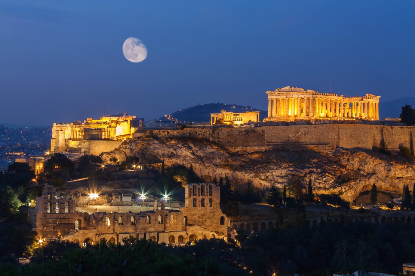View of Acropolis in Athens, Greece at night