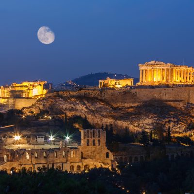 View of Acropolis in Athens, Greece at night