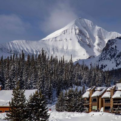 View of mountains from slopeside vacation homes in Big Sky, Montana