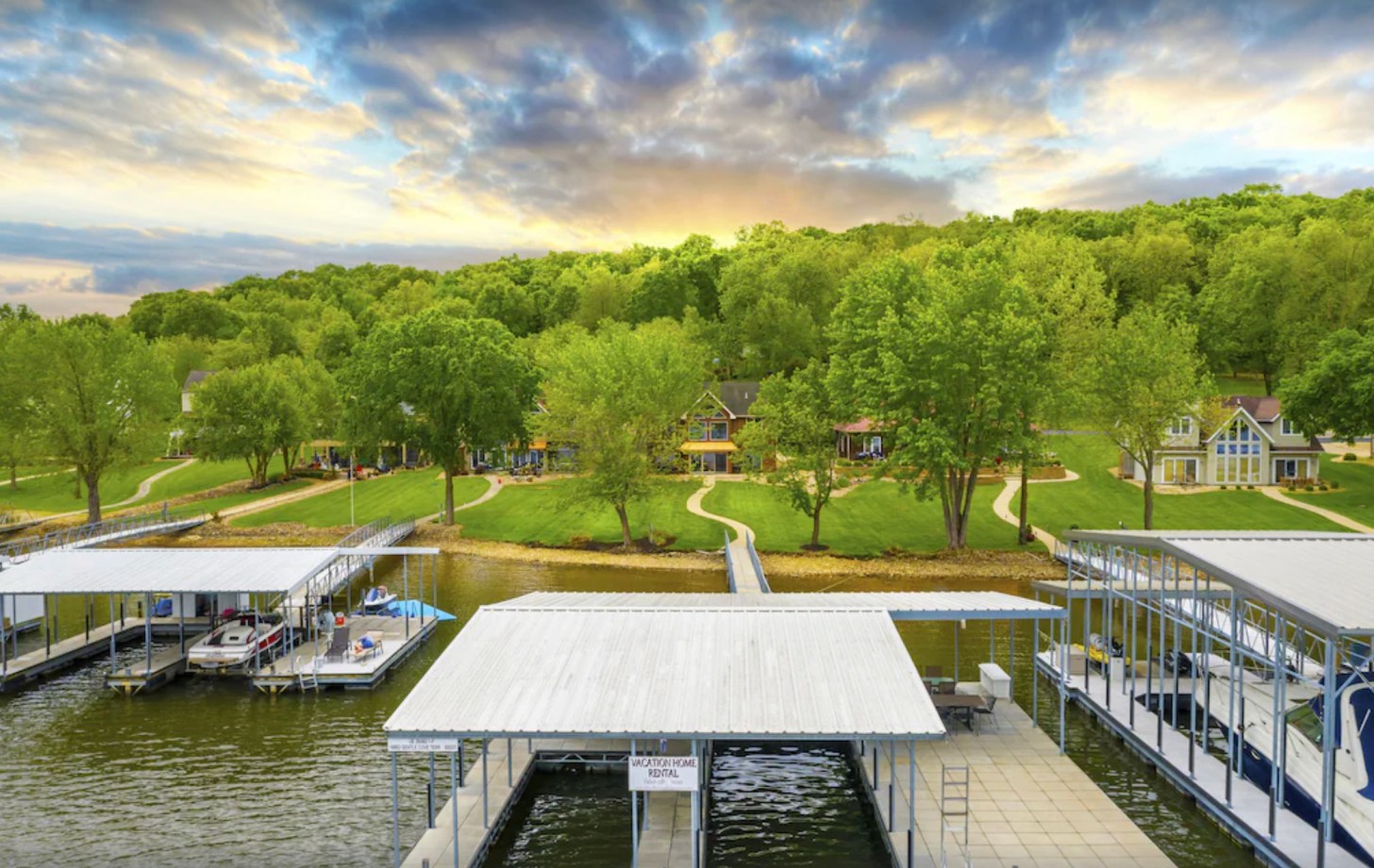 Aerial view of Lake Shore Lodge Vrbo rental at the Lake of the Ozarks