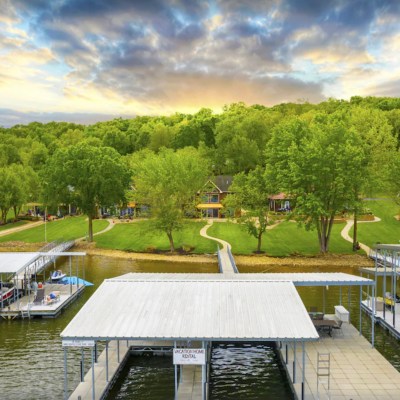 Aerial view of Lake Shore Lodge Vrbo rental at the Lake of the Ozarks