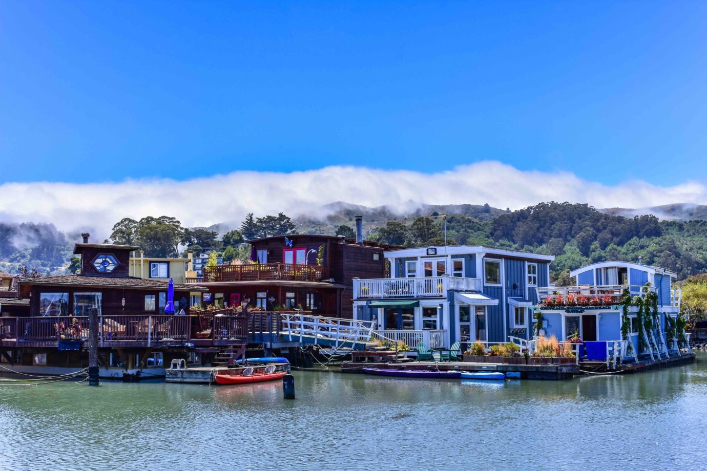 Colorful houseboats floating in Sausalito near San Francisco