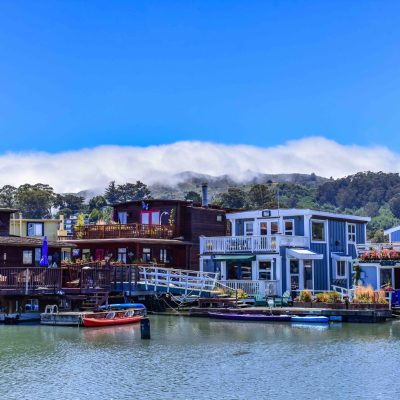 Colorful houseboats floating in Sausalito near San Francisco