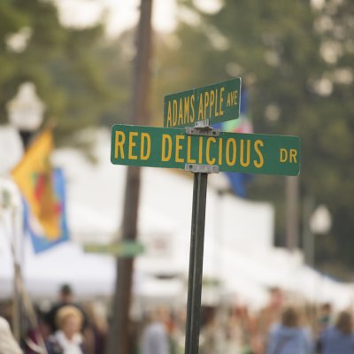 Apple-themed street signs at the National Apple Harvest Festival