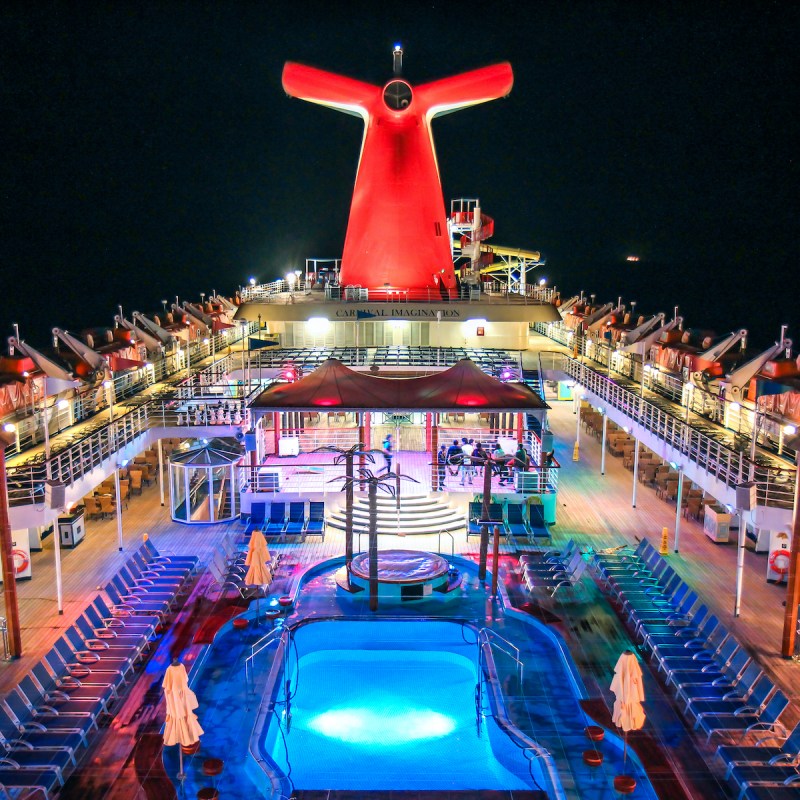 The deck of the Carnival Imagination at night